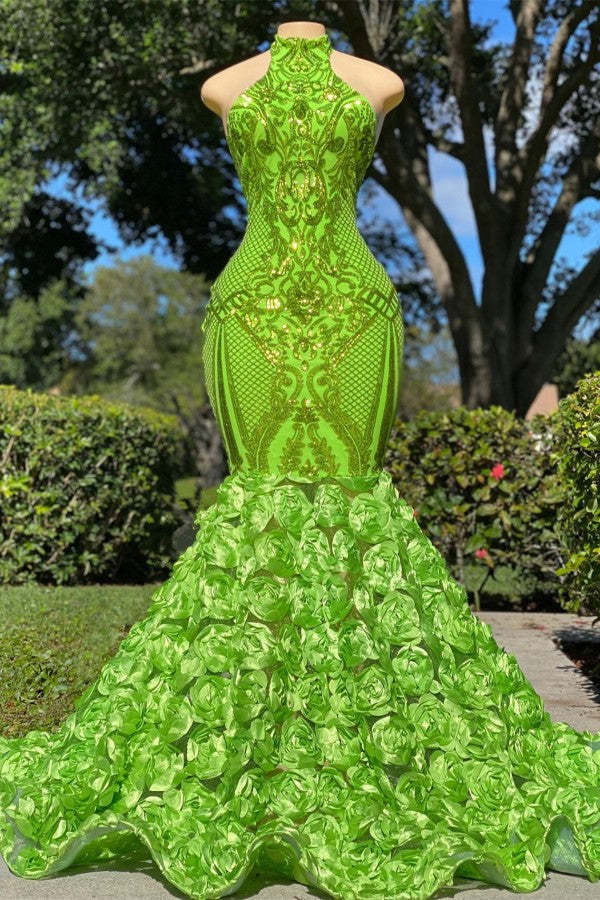 Chicloth Green High Neck Prom Dress Sleeveless Sequins Mermaid Flowers Bottom