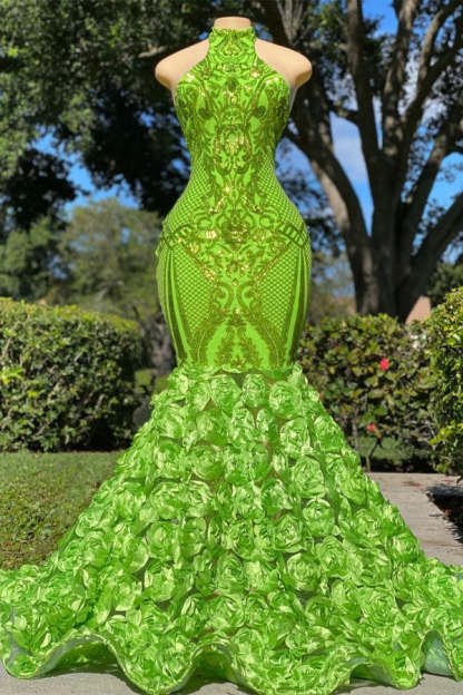Chicloth Green High Neck Prom Dress Sleeveless Sequins Mermaid Flowers Bottom