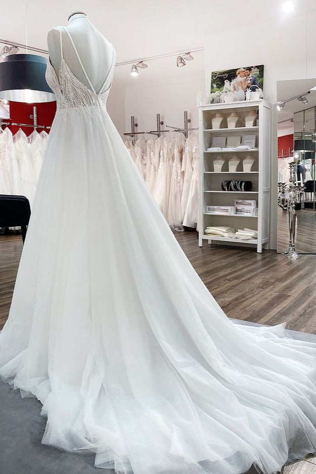 Chicloth Breath-taking Tulle V Neck Sequins Ruffles A-Line Wedding Dresses