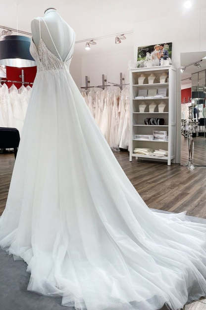 Chicloth Breath-taking Tulle V Neck Sequins Ruffles A-Line Wedding Dresses