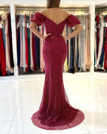 Chicloth Short Sleeves Mermaid Prom Dress Long With Slit Off-the-Shoulder