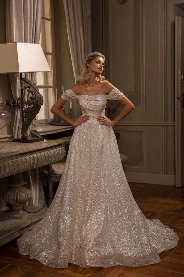 Chicloth Off-the-Shoulder Sequins Wedding Dresses Long With Pleats