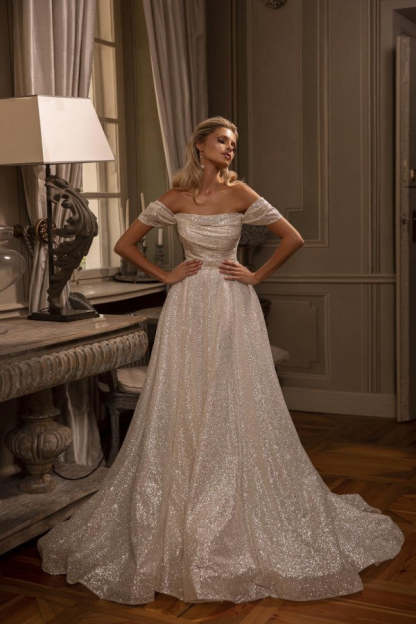 Chicloth Off-the-Shoulder Sequins Wedding Dresses Long With Pleats
