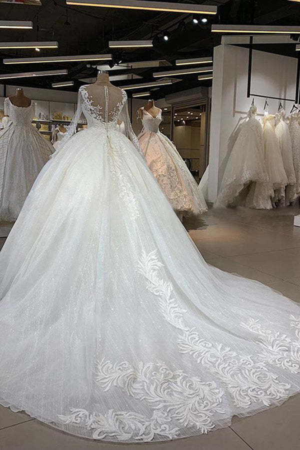 Chicloth Gorgeous Jewel Longsleeves Lace Wedding Dresses A-line Tulle Ruffles Bridal Gowns With Appliques Online