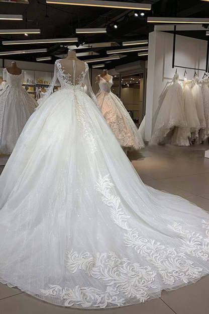 Chicloth Gorgeous Jewel Longsleeves Lace Wedding Dresses A-line Tulle Ruffles Bridal Gowns With Appliques Online