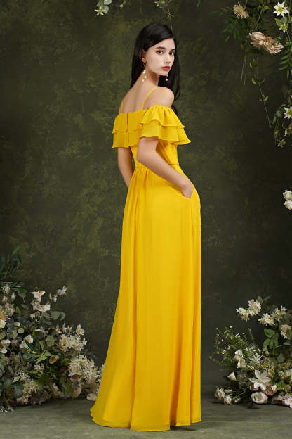 Chicloth Off-the-Shoulder Bridesmaid Dress Ruffles With Slit