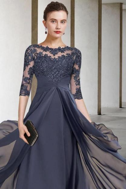 Elegant Half Sleeves Scoop Neck Mother of the Bride Dress Chiffon Lace Wedding Guest Dress