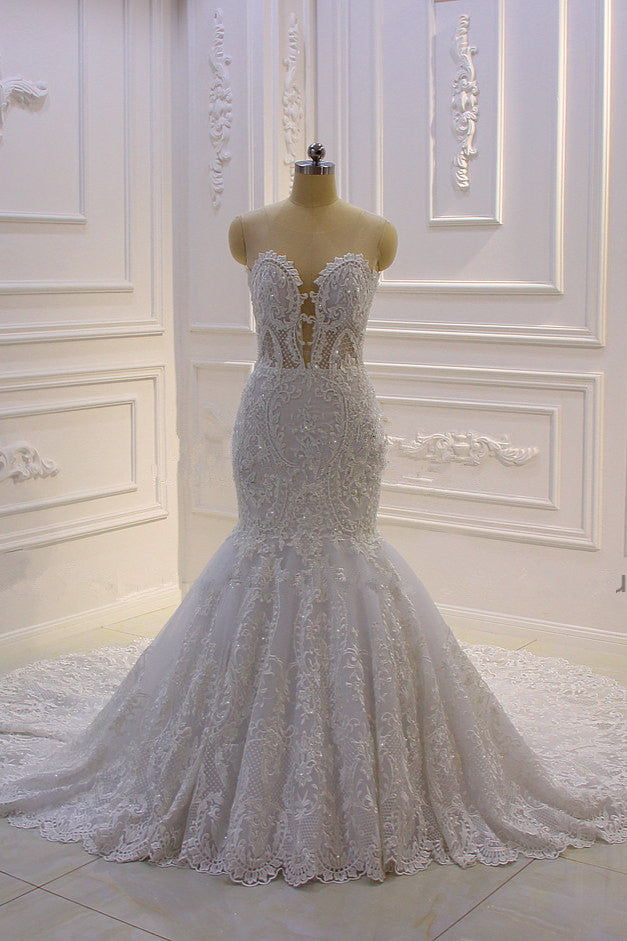 Chicloth Stylish V-Neck Tulle Lace Wedding Dress Mermaid Appliques Beadings Bridal Gowns with Wraps