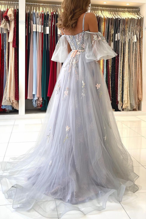 Chic Off Shoulder Tulle Floral Lace Evening Party Dress Spaghetti Straps