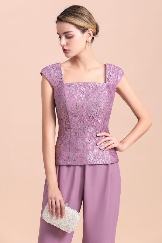 Chiffon 3 Pieces Mother of the Bride Dress Scoop Neck Floral Lace Lilac Jumpsuit Wedding Guest Dress