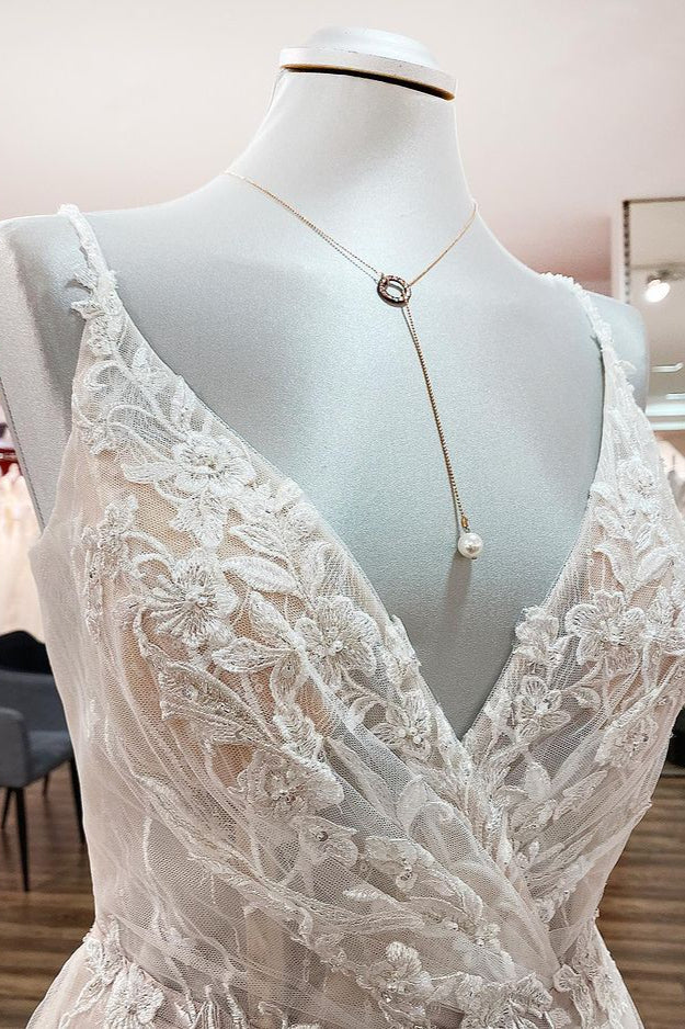 Chicloth Elegant V Neck Ivory Sleeveless Ruffles A-Line Wedding Dresses