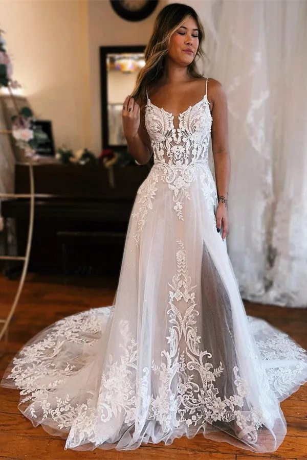 Chicloth Spaghetti-Straps V-Neck Wedding Dress Split With Lace Appliques