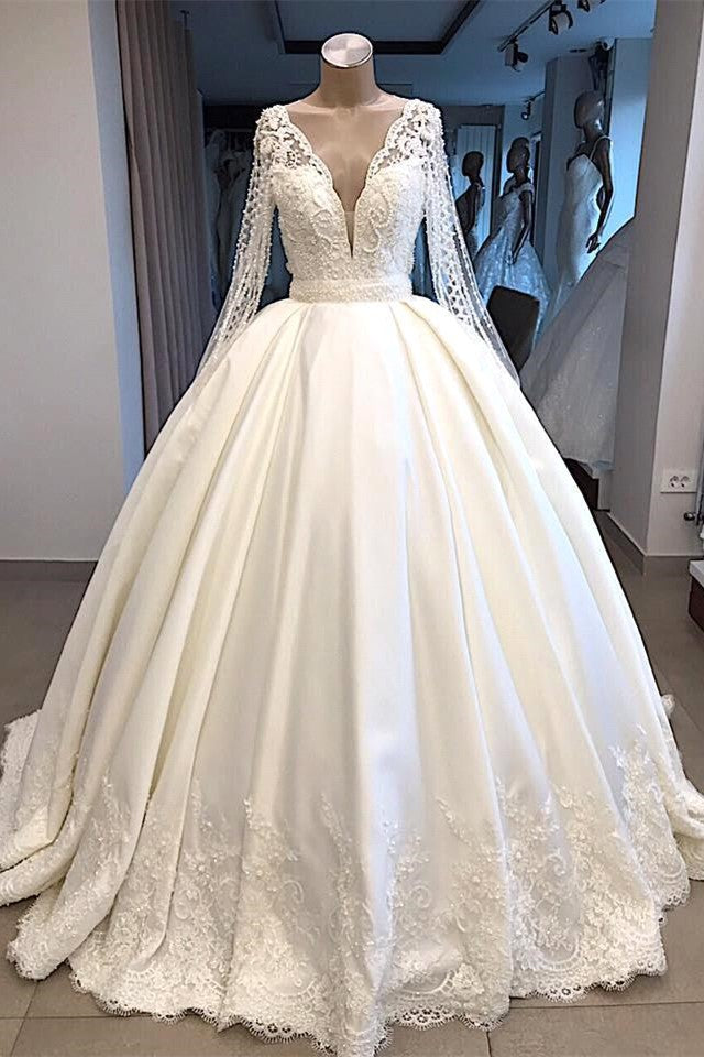 Chicloth Elegant V-neck Longsleeves White Wedding Dresses Satin Lace Bridal Gowns With Appliques On Sale