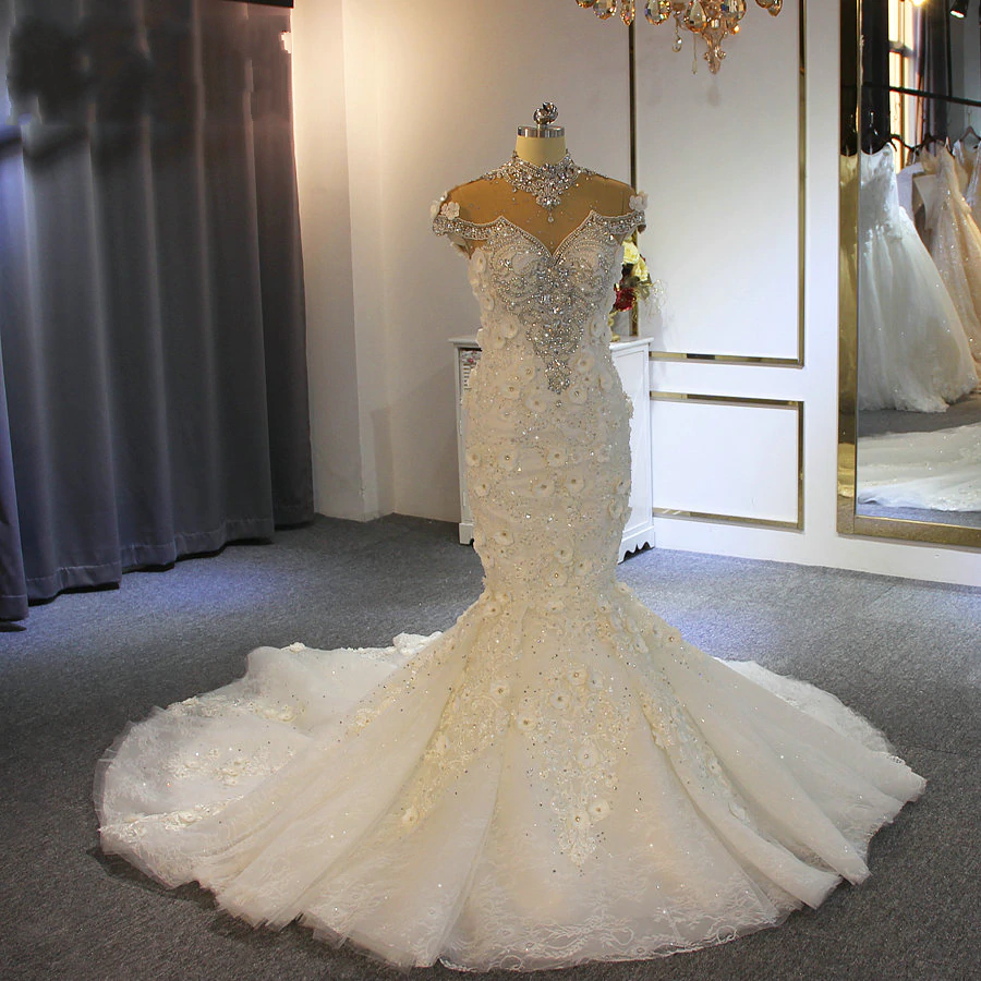 Off the shoulder sweetheart gems luxury flowers wedding dress