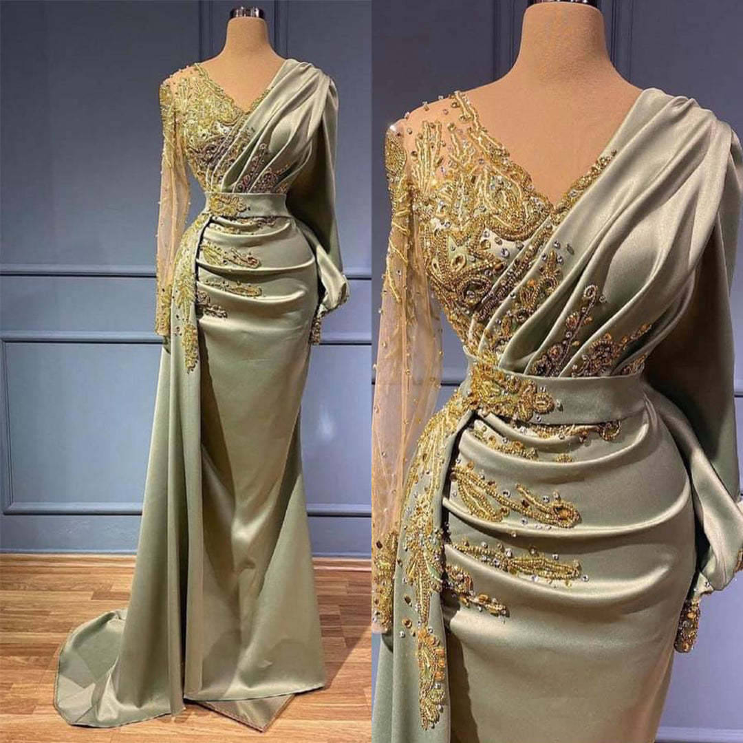 Chicloth Long Sleeves Mermaid Evening Party Gowns With Beads Appliques