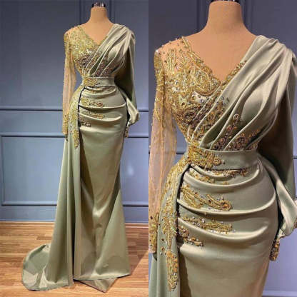 Chicloth Long Sleeves Mermaid Evening Party Gowns With Beads Appliques