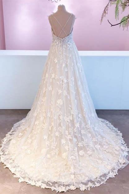 Chicloth Straps Beadings Wedding Dress V-Neck Bridal Gowns With Appliques
