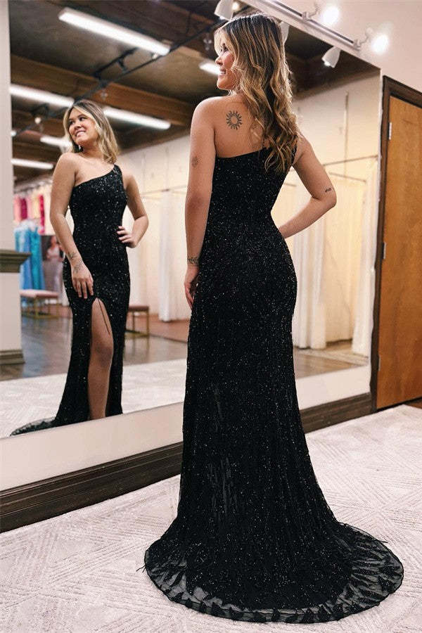 Chicloth One Shoulder Black Prom Dress Mermaid Sequins Long