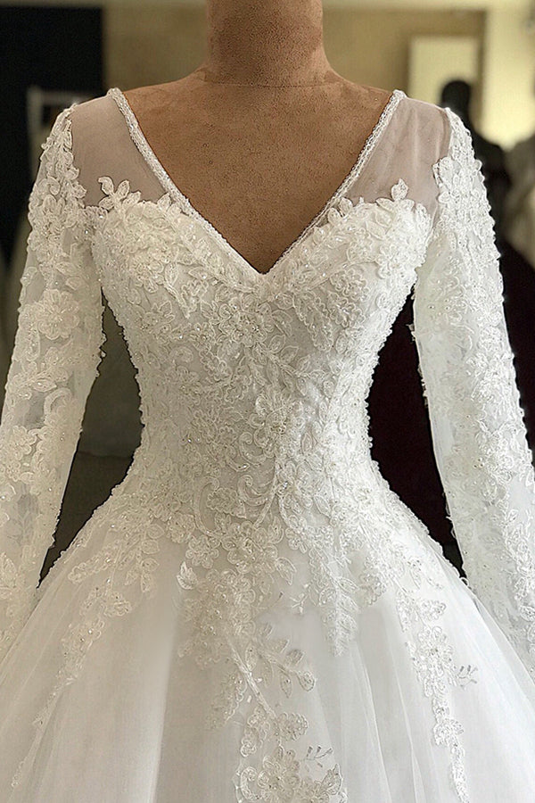 Chicloth Modest V-neck Longsleeves White Wedding Dresses With Appliques A-line Tulle Ruffles Bridal Gowns On Sale