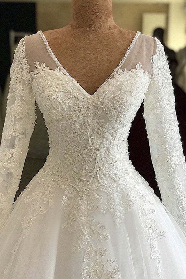 Chicloth Modest V-neck Longsleeves White Wedding Dresses With Appliques A-line Tulle Ruffles Bridal Gowns On Sale