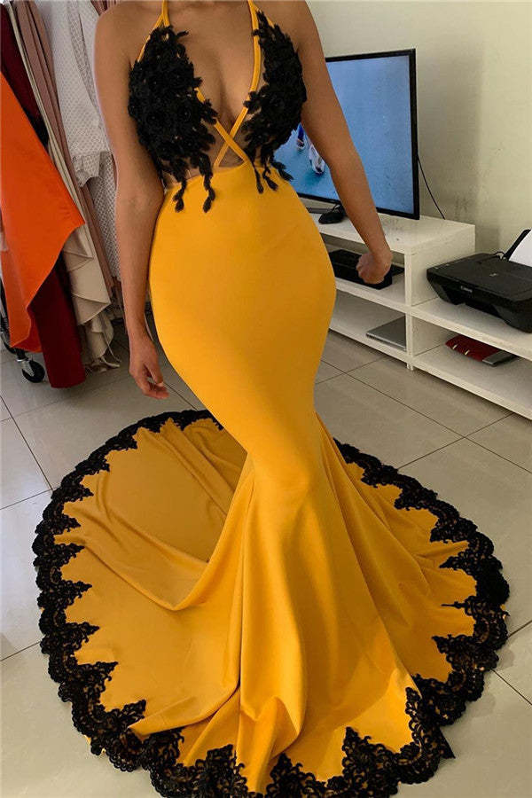 Chicloth Yellow Halter Mermaid Prom Dress With Black Appliques
