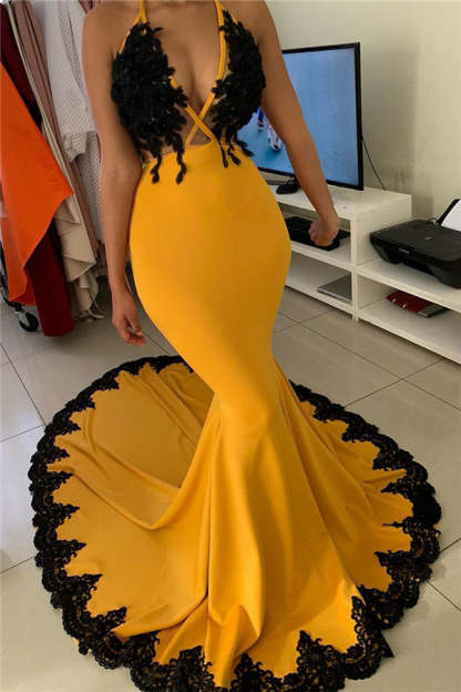 Chicloth Yellow Halter Mermaid Prom Dress With Black Appliques