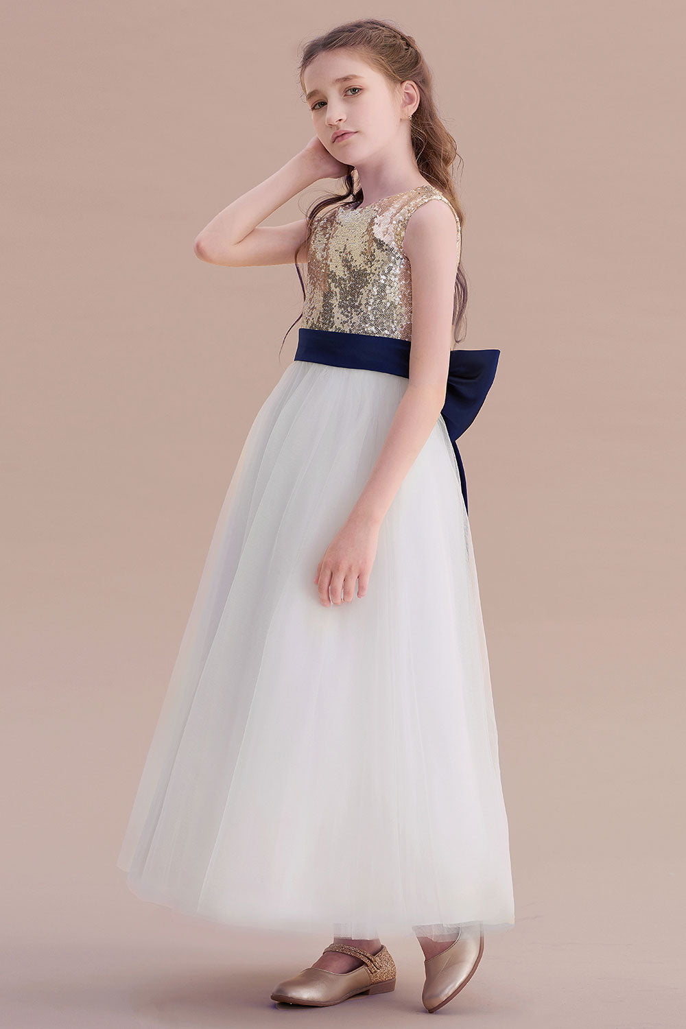 Chicloth A-Line Bow Sequins Ankle Length Flower Girl Dress Online