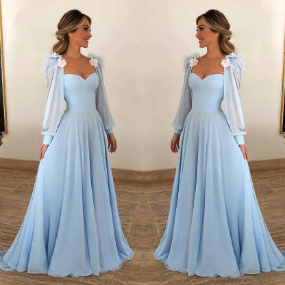 Chicloth Sky Blue Long Sleeves Prom Dress Long Chiffon Sweetheart