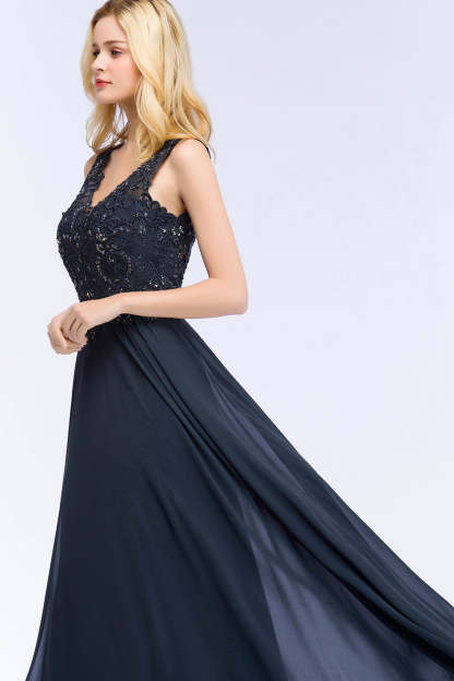 Chicloth A-line V-neck Sleeveless Long Appliqued Chiffon Prom Dress with Crystals