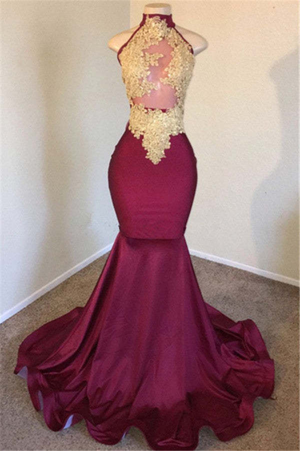 Chicloth Burgundy High Neck Mermaid Prom Dress With Lace Appliques