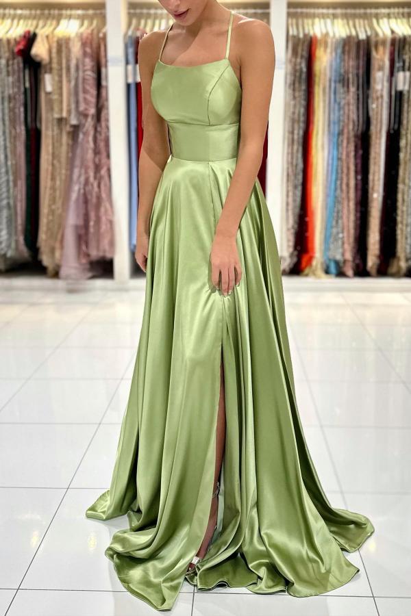 Chic Spaghetti Straps Satin Sage Side Split Long Prom Dress | Cross Back Evening Dress