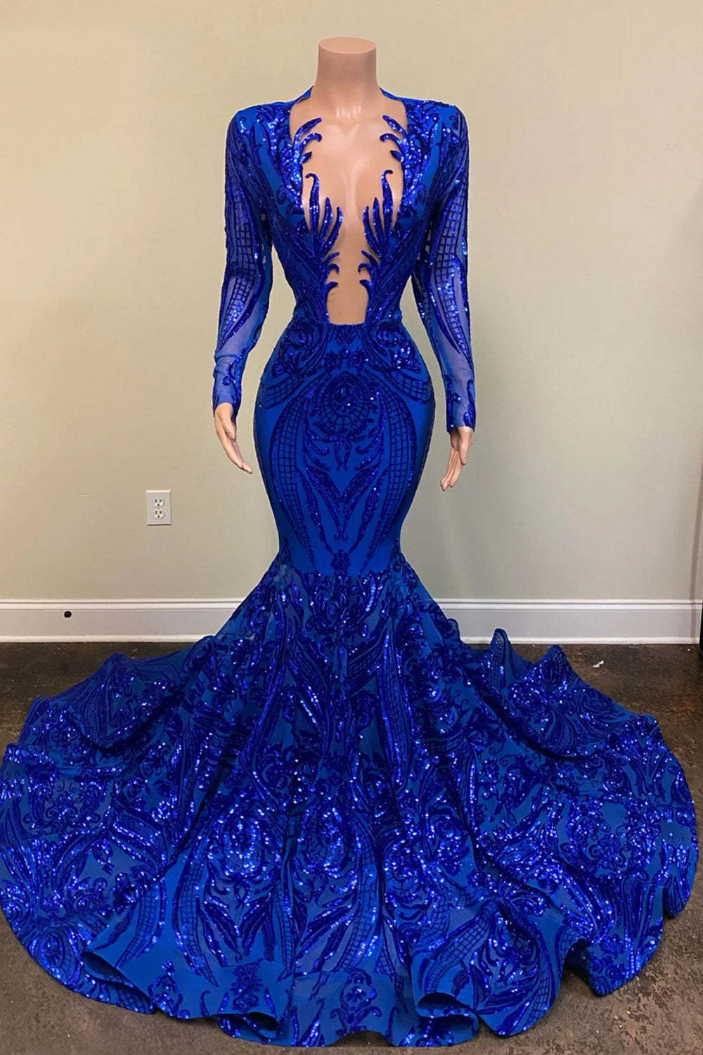 Chicloth Royal Blue Long Sleeevs Prom Dress Mermaid Sequins Party Gowns