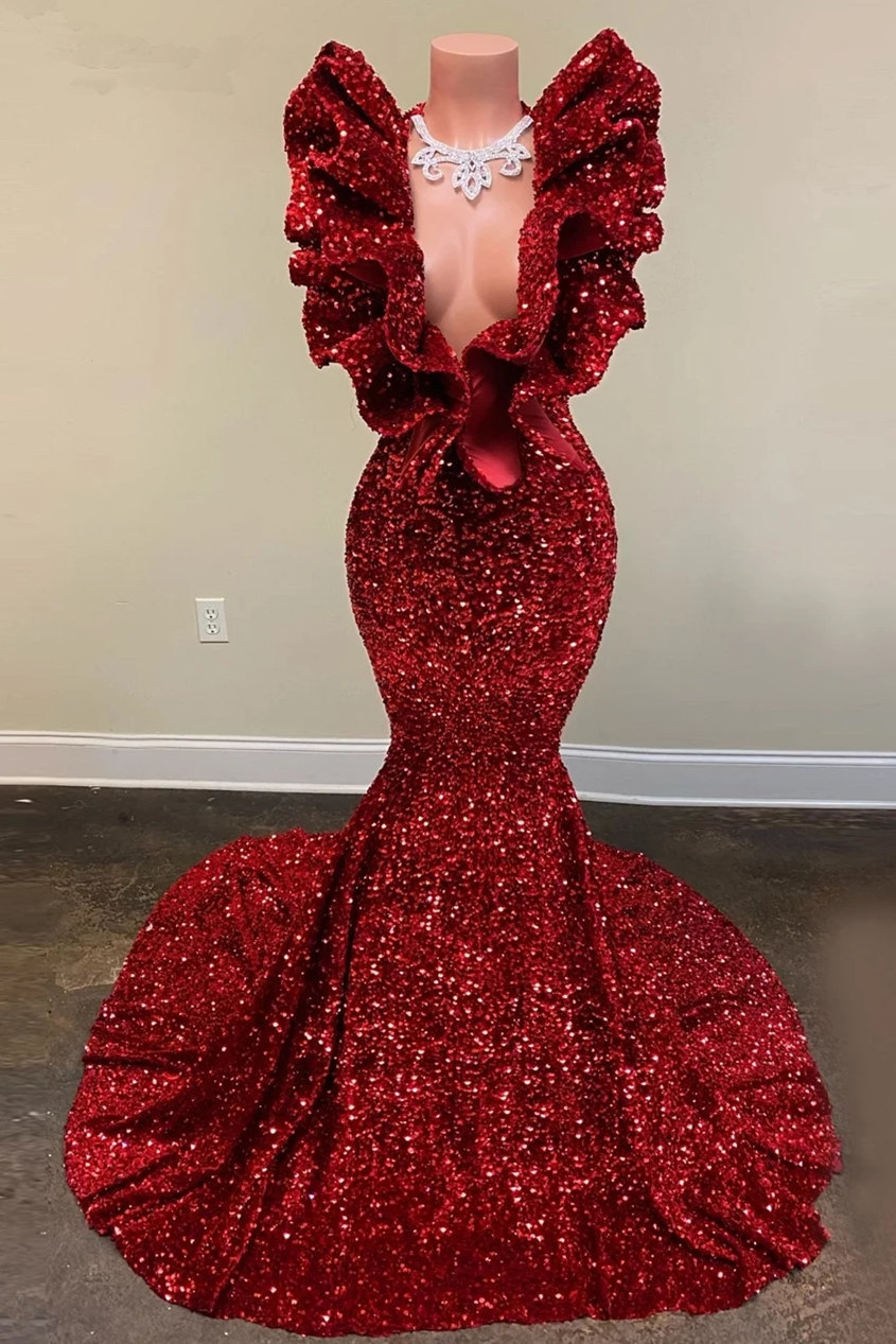Flowers Neckline Mermaid Burgundy Sequin Prom Dress