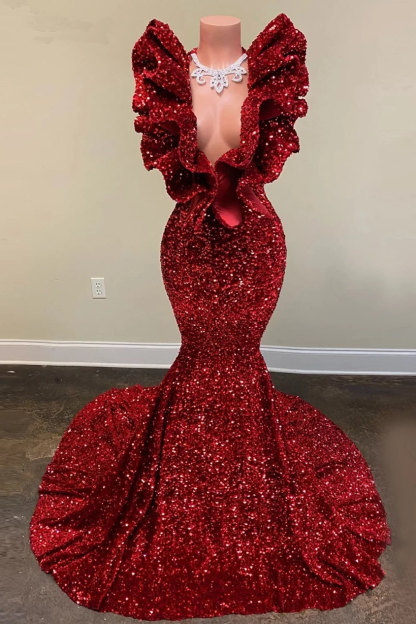Flowers Neckline Mermaid Burgundy Sequin Prom Dress