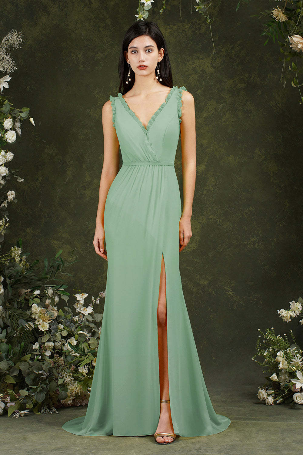 Chicloth V-Neck Bridesmaid Dress Chiffon With Slit