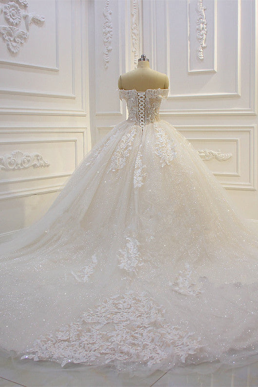 Chicloth Luxury Ball Gown Strapless Tulle Wedding Dress Lace Appliques Sleeveless Sequined Bridal Gowns On Sale