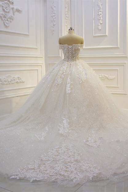 Chicloth Luxury Ball Gown Strapless Tulle Wedding Dress Lace Appliques Sleeveless Sequined Bridal Gowns On Sale