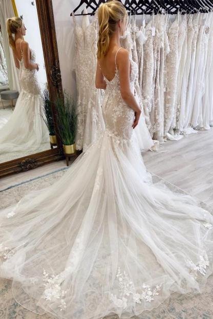 Chicloth Spaghetti-Straps Lace Wedding Dress Mermaid Sleeveless Online