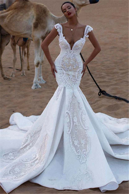 Chicloth Cap Sleeves Mermaid Lace Wedding Dress V-Neck Long