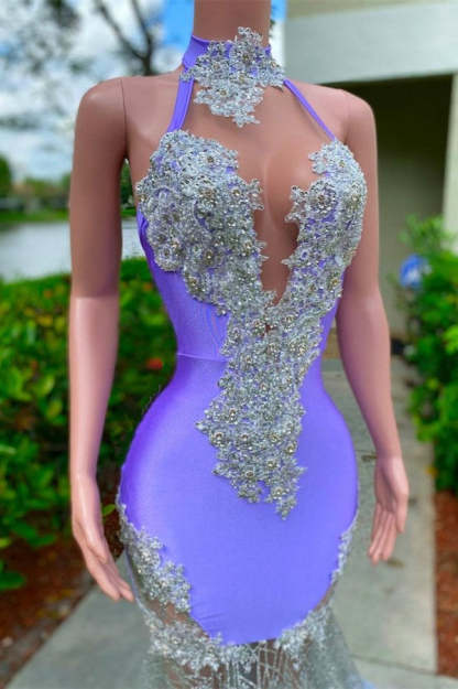 Chicloth Lavender High Neck Prom Dress Mermaid Appliques With Feather