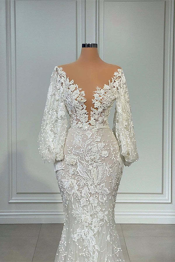 Chicloth Long Sleeves Bridal Gowns Mermaid With Lace Appliques
