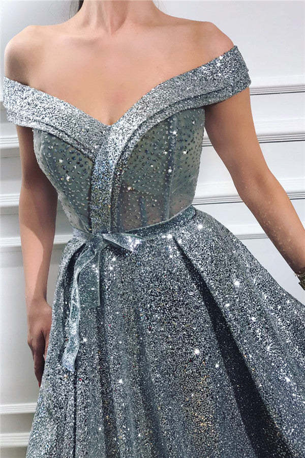 Chicloth Off-the-Shoulder Sequins Prom Dress Slit Long