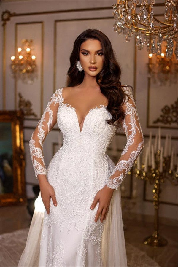 Chicloth Long Sleeves Mermaid Wedding Dress Lace With Ruffles