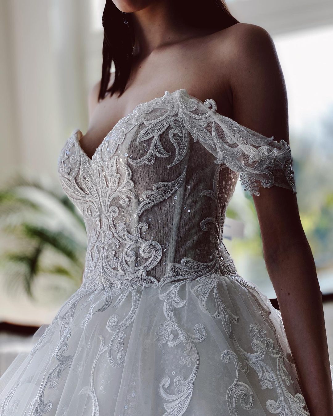 Chicloth Off-the-Shoulder Ball Gown Wedding Dress With Appliques Sequins