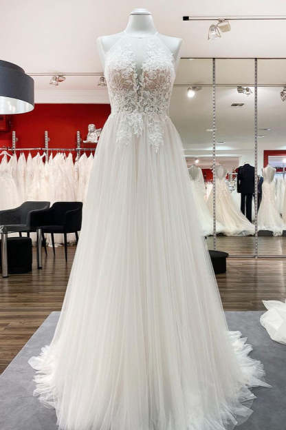Chicloth Gorgeous Halter Sleeveless Tulle Ivory Wedding Dresses With Lace