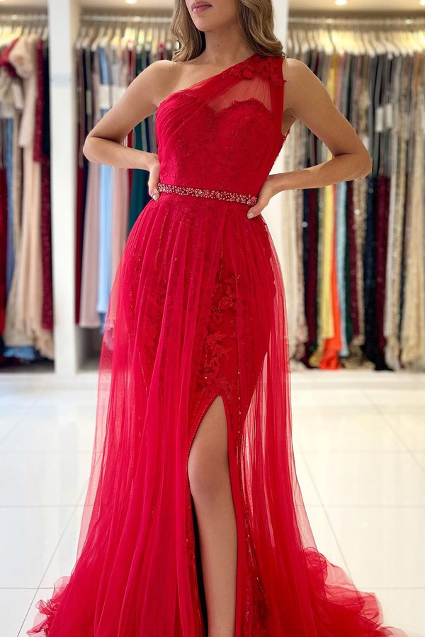 Charming One Shoulder Tulle Evening Prom Dress with Detachable Train Side Slit