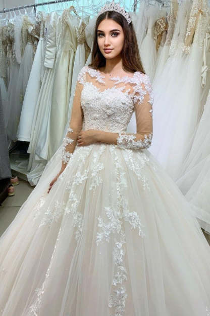 Chicloth Long Sleeves Princess Ball Gown Wedding Dress With Lace Appliques