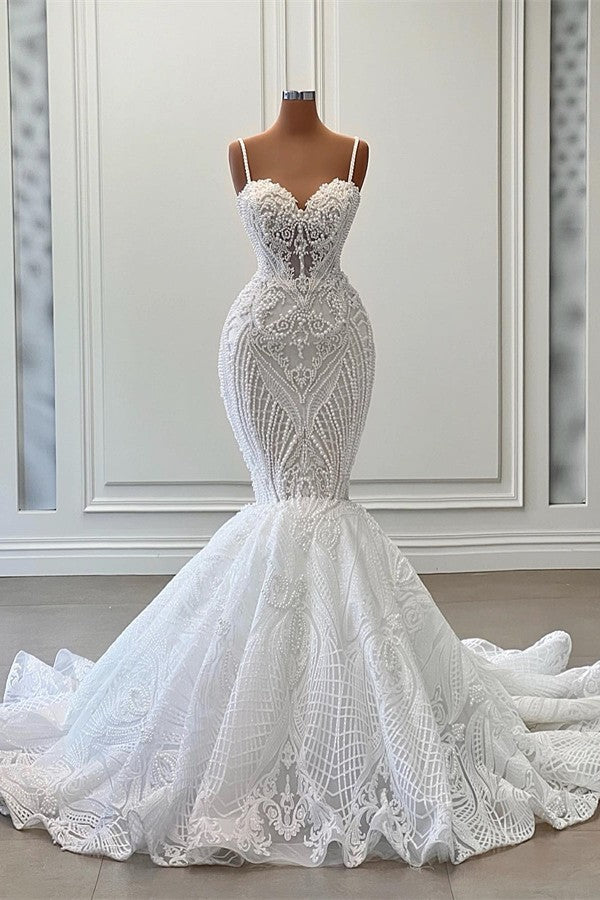 Chicloth Spaghetti-Straps Wedding Dress Mermaid Lace Appliques Sleeveless