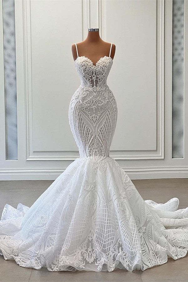Chicloth Spaghetti-Straps Wedding Dress Mermaid Lace Appliques Sleeveless