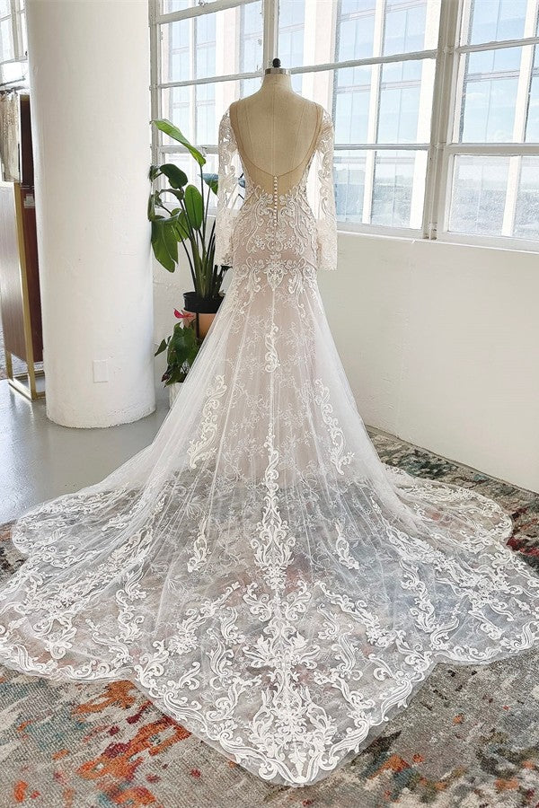 Chicloth Long Sleeves Wedding Dress Mermaid Tulle Lace Appliques